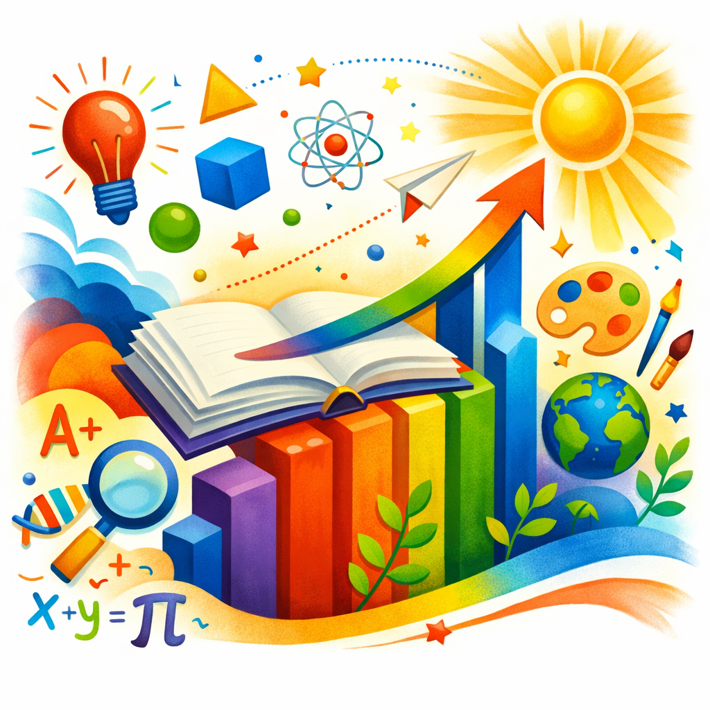 Open book on a colorful bar graph surrounded by science, math, art, and growth symbols